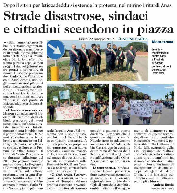 Strade disastrose, sindaci e cittadini scendono in piazza (L’Unione Sarda, 22 Maggio 2017)