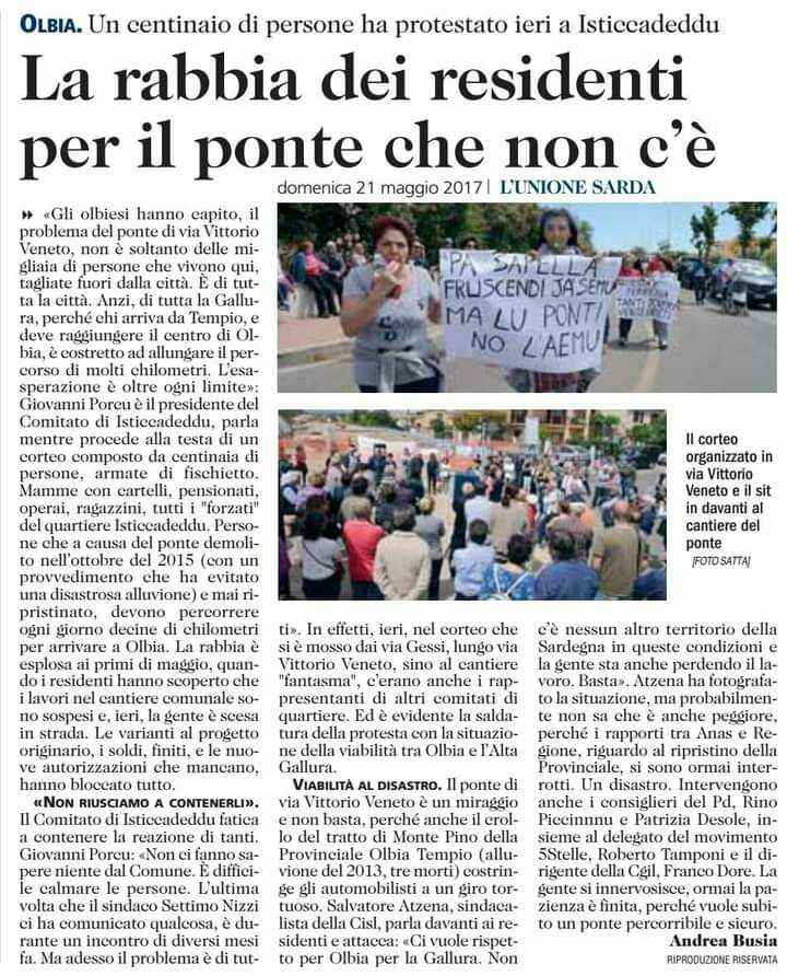 La rabbia dei residenti per il ponte che non c’è (L’Unione Sarda, 21 Maggio 2017)